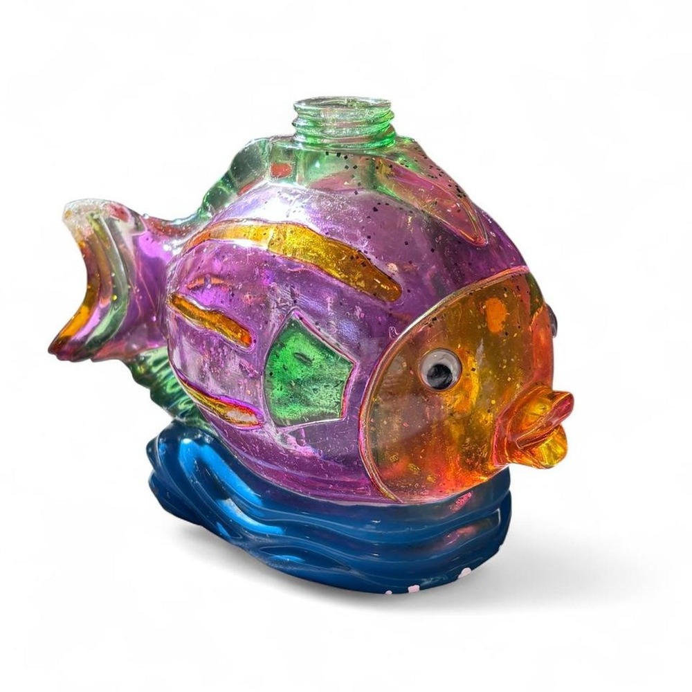 Vintage Iridescent Glitter Fish Glass Lotion Bottle Soap Dispenser Coastal Decor